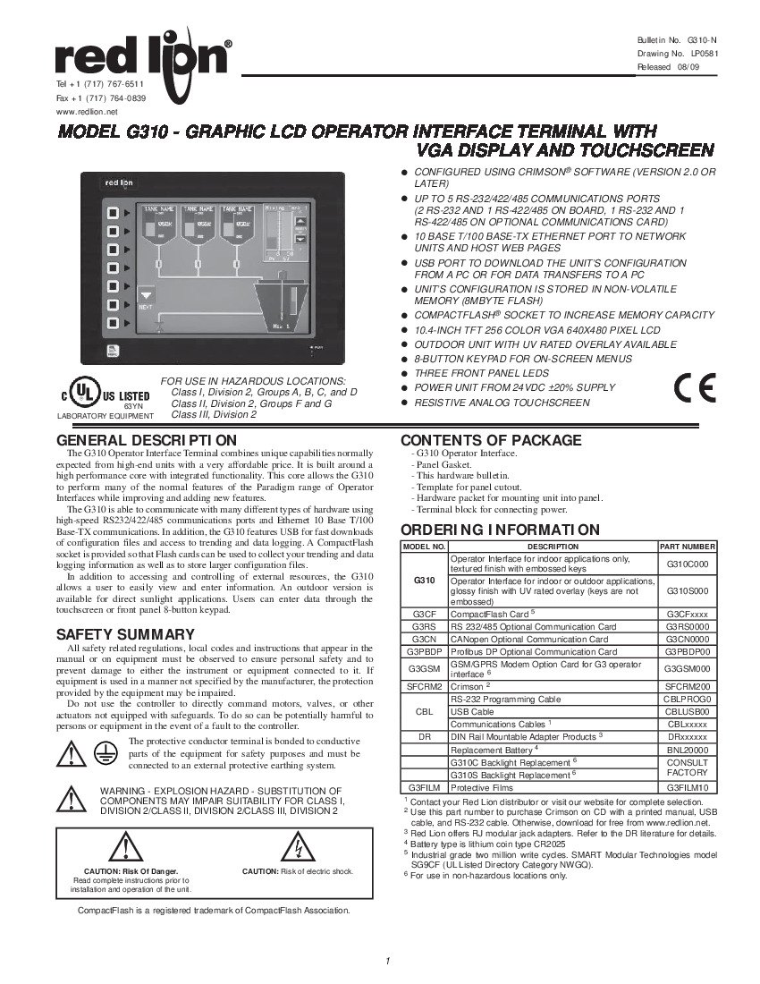 First Page Image of G310C000 Red Lion G310 Product Manual - G310-N.pdf